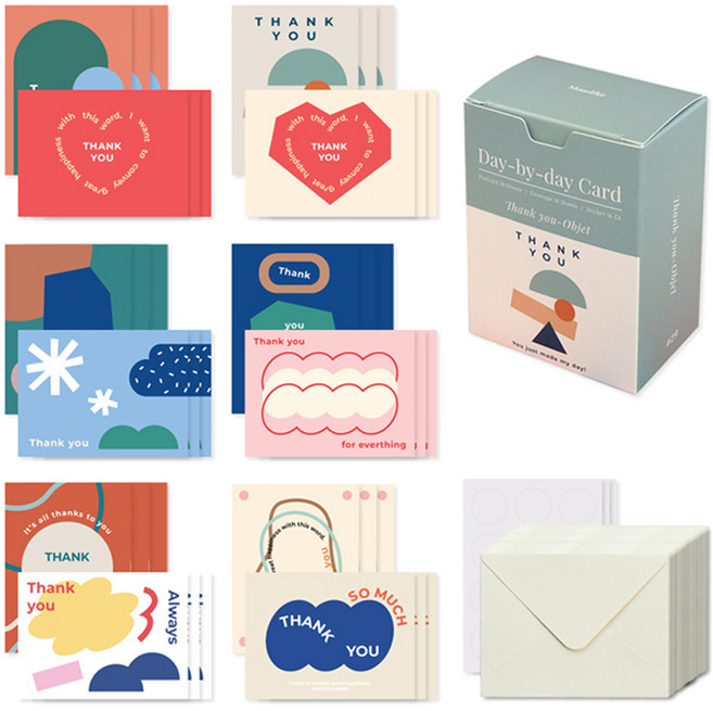 Monolike Day by Day Thank you Objet 卡片 36p + 信封 36p + 貼紙 36p 套組, 混合顏色, 1個
