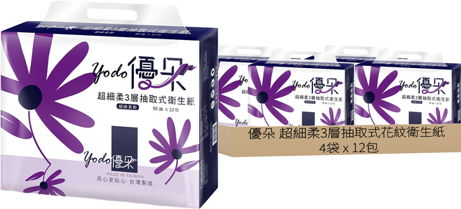優朵 超細柔3層抽取式花紋衛生紙, 12包, 4袋
