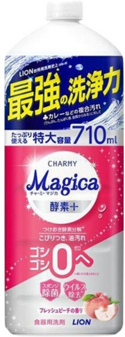 LION 獅王 CHARMY Magica 速乾除菌洗碗精 補充瓶 酵素蜜桃, 710ml, 1瓶