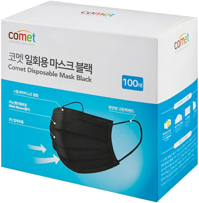 comet 平面口罩 成人用, 黑色, 100片, 1盒