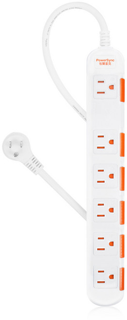 PowerSync 群加 1開6插加大間距安全防塵防雷擊延長用電源線組 TS6W9045, 4.5m, 白色, 1條