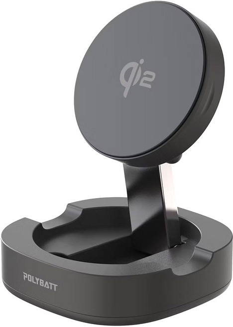 POLYBATT Qi2認證 15W二合一折疊式磁吸無線充電座, 1個, 黑色
