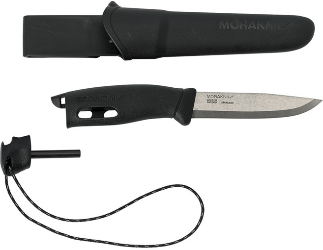 MORAKNIV Companion Spark 多功能不鏽鋼直刀 附鞘 + 打火石, 黑色, 1支