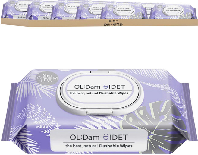 OLDam 掀蓋型濕紙巾 可沖式 棉花香, 70gsm, 1入, 10包