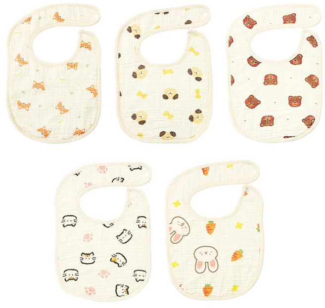 Lindabebe 6層防水紗布圍兜 B款組合, 柴犬 + 狗 + 熊 + 貓 + 兔子 米色, 1組, 5入