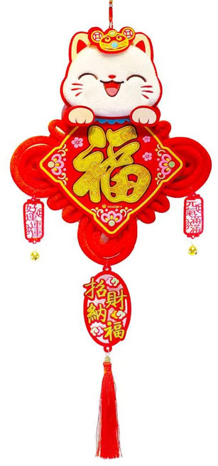 摩達客 春節開運招財 毛毛招財貓大福字結板流蘇鈴鐺吊飾掛飾, 紅
