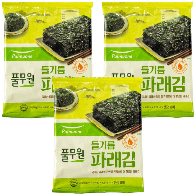 Pulmuone 圃美多 紫蘇油海青菜海苔全片 10片入, 35g, 3包
