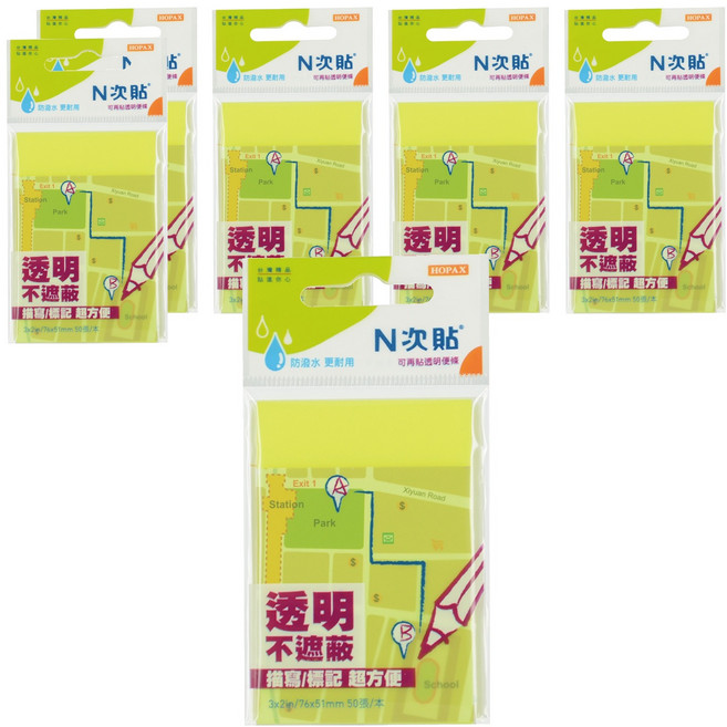 N次貼 螢光透明便條本 66538 黃色, 50張, 6包