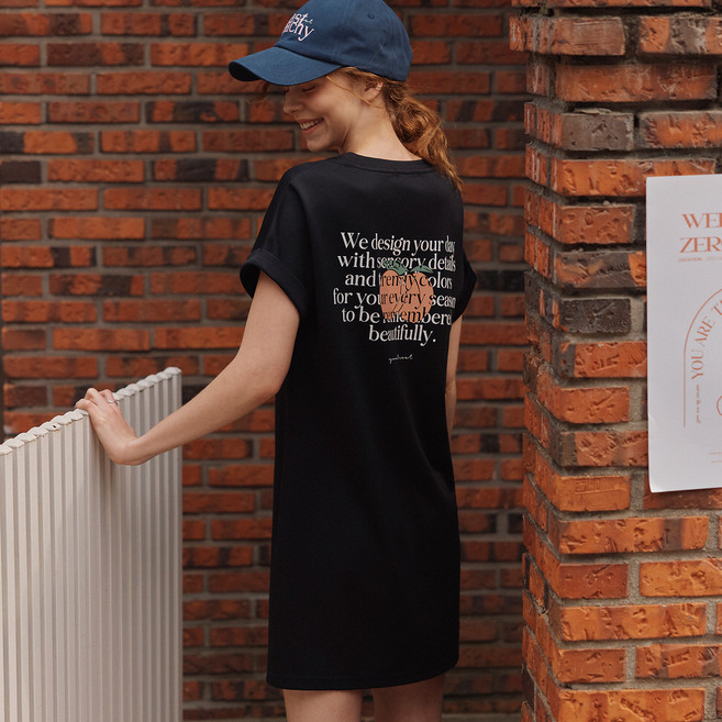 ZERO STREET 女款水蜜桃圖案反摺短袖洋裝, 黑色