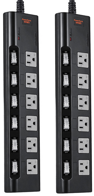 PowerSync 群加 6開6插高耐燃尿素防雷擊磁鐵延長線, 1.8m, 黑色, 2個