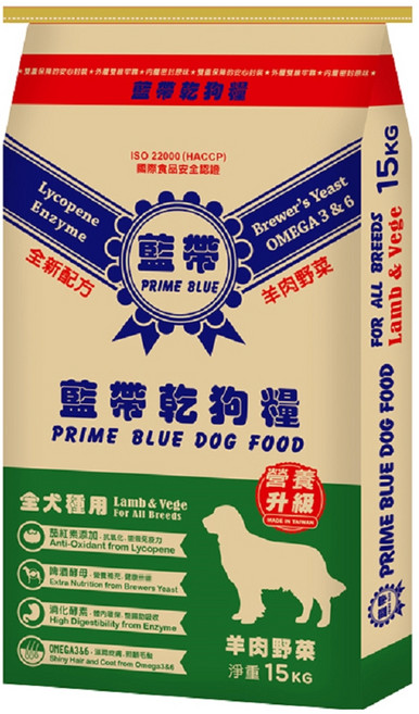 PRIME BLUE 藍帶 成犬 高級狗食, 羊肉野菜, 15kg, 1袋