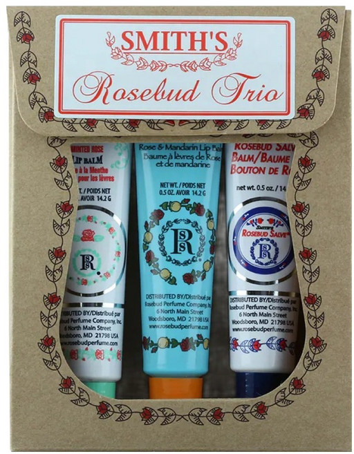 SMITH'S ROSEBUD SALVE 古典禮物紙盒組 護唇膏 3條, 玫瑰 + 薄荷玫瑰 + 柑橘玫瑰, 14.2g, 1盒