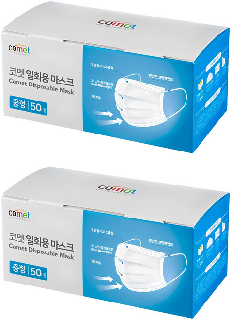 comet 拋棄式口罩, 50片, 2盒, 白色