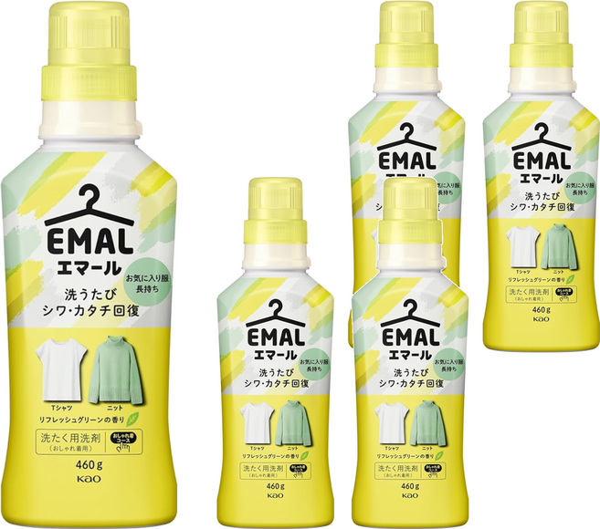 Kao 花王 EMAL 精致洗 精緻衣物專用香氛洗衣精 植物清香 黃色, 460g, 5瓶