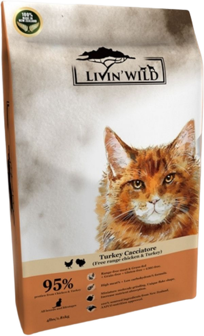 LIVIN'WILD 野宴 全齡貓 無穀配方 乾飼料 紐西蘭全新天然糧 薄片外型, 1810g, 1袋, 放養雞 + 放養火雞