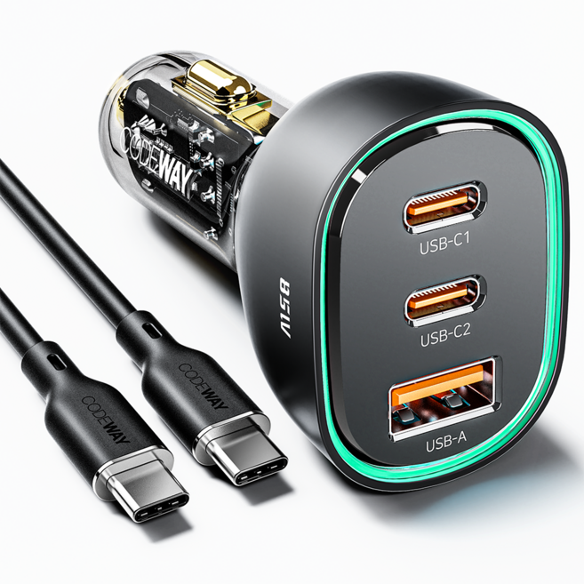 CODEWAY 85W 車用點菸器高速充電器 + Type-C 超高速充電線套組, UC885BK-C10, 黑色