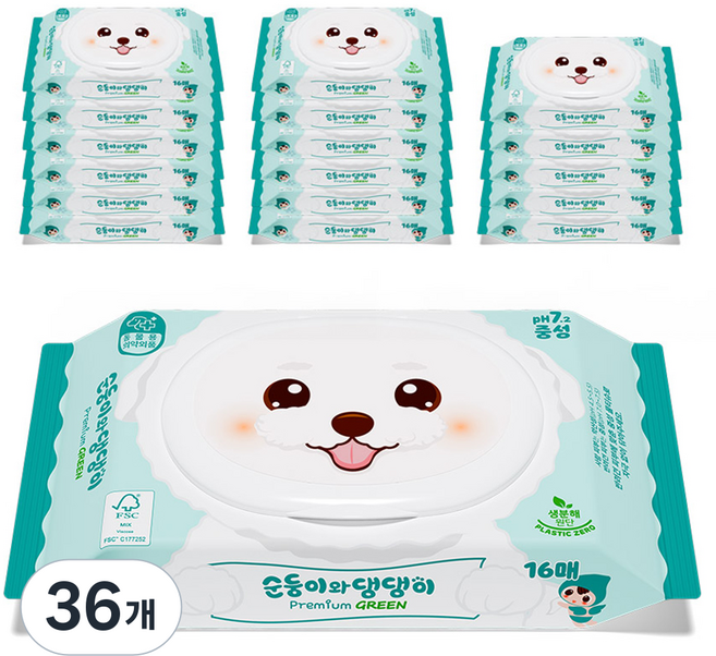 Soondoongi 順順兒 寵物順順與狗狗 優質綠色中性濕紙巾 便攜型, 16入, 36個