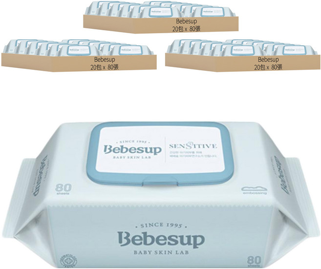 Bebesup 嬰兒濕紙巾 敏感肌適用, 65gsm, 80張, 60包
