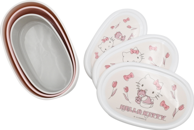 Skater Hello Kitty 塑膠AG抗菌保鮮盒 橢圓型 3件組, 3個容器 + 3個蓋子, 1組