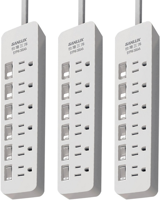 SANLUX 台灣三洋 平貼式安全延長線 3孔6開關6座, 1.8m, 白色, 3條