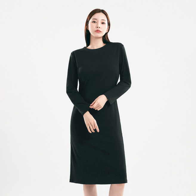 Elsso 女款簡約素色棉質長袖長版中長洋裝, 黑色