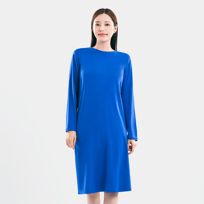 Elsso 女款簡約素色棉質長袖長版中長洋裝, 藍色