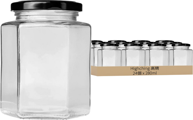 Highching 高精 六角玻璃瓶 黑蓋, 24個, 280ml