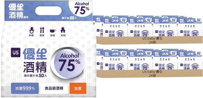 US baby 優生 75%酒精濕巾 加厚 單片包, 50包, 48袋