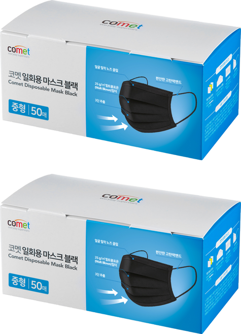 comet 拋棄式口罩, 50片, 2盒, 黑色