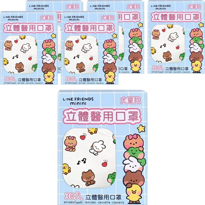 ataraxis 興安 大童款 立體醫用口罩未滅菌, LINE FRIENDS minini 白色 + 綠色 + 棕色, 30片, 6盒