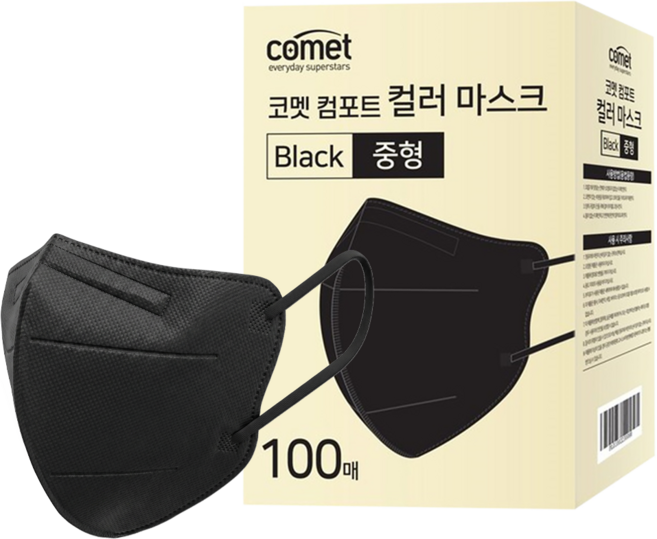 comet 舒適單色鳥嘴型口罩 M, 100片, 1盒, 黑色