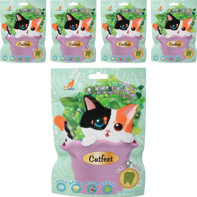 Catfeet 薄荷化毛潔牙餡餅, 牛肉, 60g, 5包