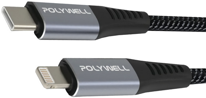 POLYWELL 寶利威爾 Type-C-Lightning 蘋果快充線 PW15-W45-M151, 1m, 黑色, 1條