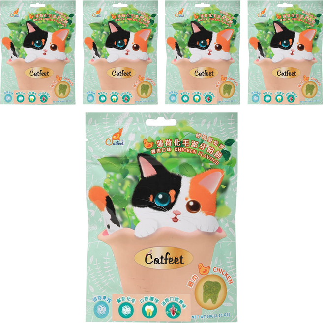 Catfeet 薄荷化毛潔牙餡餅, 嫩雞, 60g, 5包