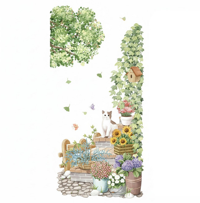 半島良品 DIY無痕壁貼墻貼 雛菊白貓 100 x 30cm 創意清新 牆面裝飾 背景貼畫