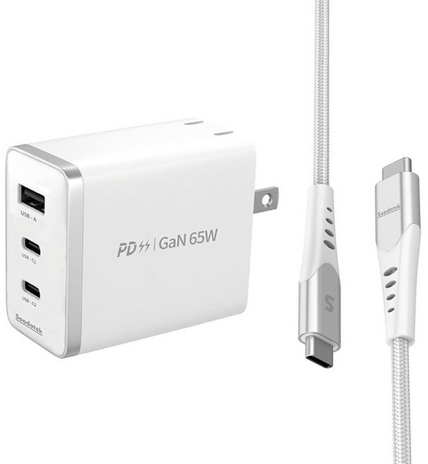 Soodatek 65W 100cm + 200cm 3 Ports USB-C to C 3A 充電器套裝 Fast Charging GaN 氮化鎵 快傳輸線 白色 SGHPD65-CC300WTC