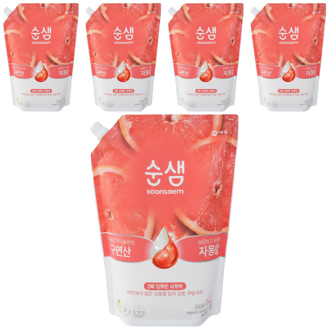 Soonsaem 檸檬酸 x 葡萄柚 蔬果碗盤洗潔精補充包, 1.4L, 5包