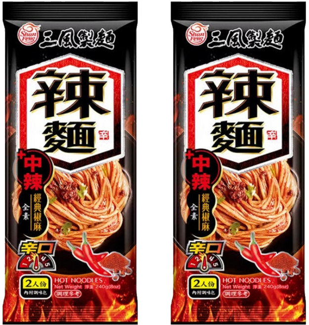 Shan Feng 三風製麵 辣麵 經典椒麻細麵 中辣 2人份 240g, 2包