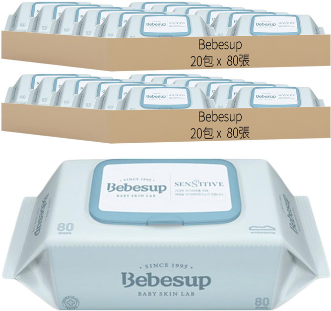 Bebesup 嬰兒濕紙巾 敏感肌適用, 65gsm, 80張, 40包