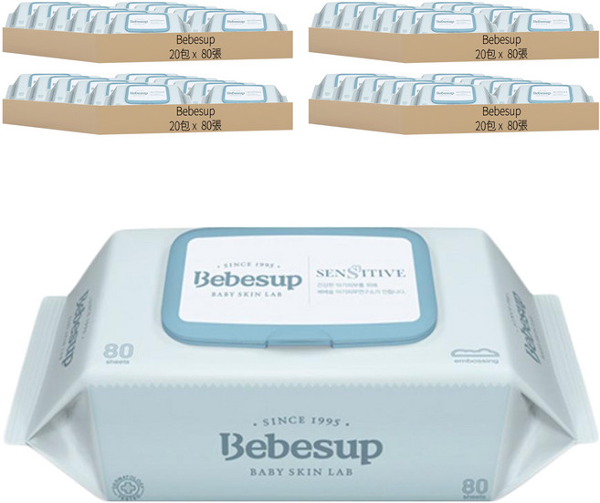 Bebesup 嬰兒濕紙巾 敏感肌適用, 65gsm, 80張, 80包