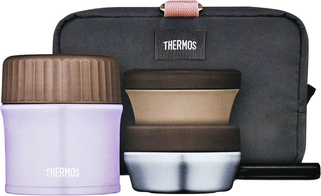 THERMOS 膳魔師 Plus 保溫便當盒組 Set 7 含不鏽鋼小菜容器、塑膠小菜容器、保溫袋、筷子, 甜薰衣草紫, 1組