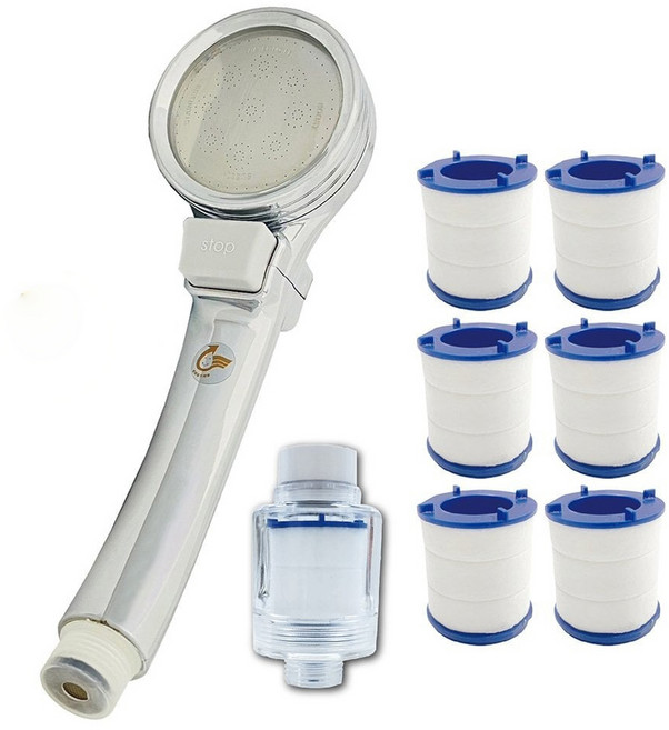 Water More 水摩爾 增壓spa蓮蓬頭 附除氯過濾器 + 補充濾芯 6個, 銀色, 1個