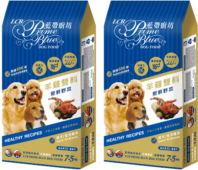 LCB 藍帶廚坊 成犬/全犬種用 乾飼料, 雞羊雙寶 + 新鮮野菜, 7.5kg, 2袋