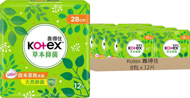 Kotex 靠得住 草本抑菌衛生棉, 28cm, 12片, 8包