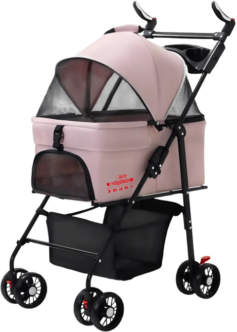 3baby 三個寶 輕便可折疊可分離提籃外出寵物推車, 粉色, 1個