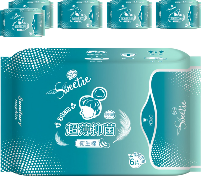 Sweetie 舒芯 超薄抑菌衛生棉 夜用加長型, 34cm, 6片, 6包