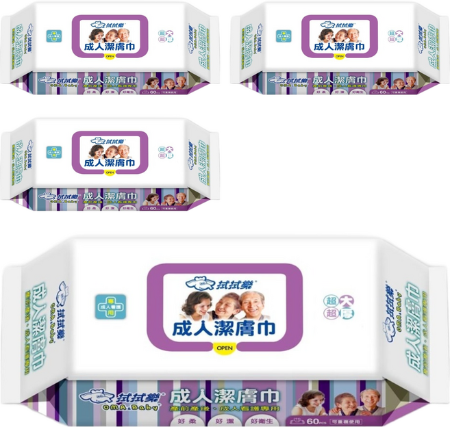 OMA&Baby 拭拭樂 成人潔膚濕巾, 60gsm, 1入, 4包
