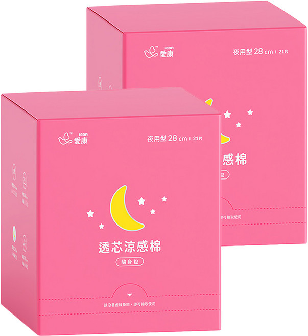 icon 愛康 透芯涼感衛生棉 護翼型, 夜用型 28cm, 21片, 2盒