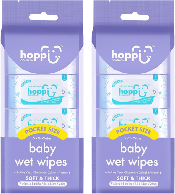 Hoppi 嬰兒口手適用純水濕紙巾 迷你包, 50gsm, 7張, 16包