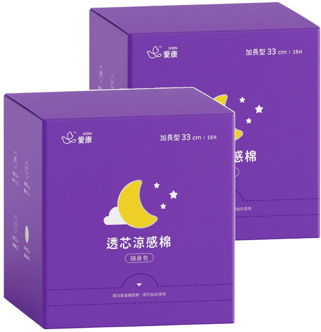icon 愛康 透芯涼感衛生棉 護翼型, 加長型 33cm, 18片, 2盒